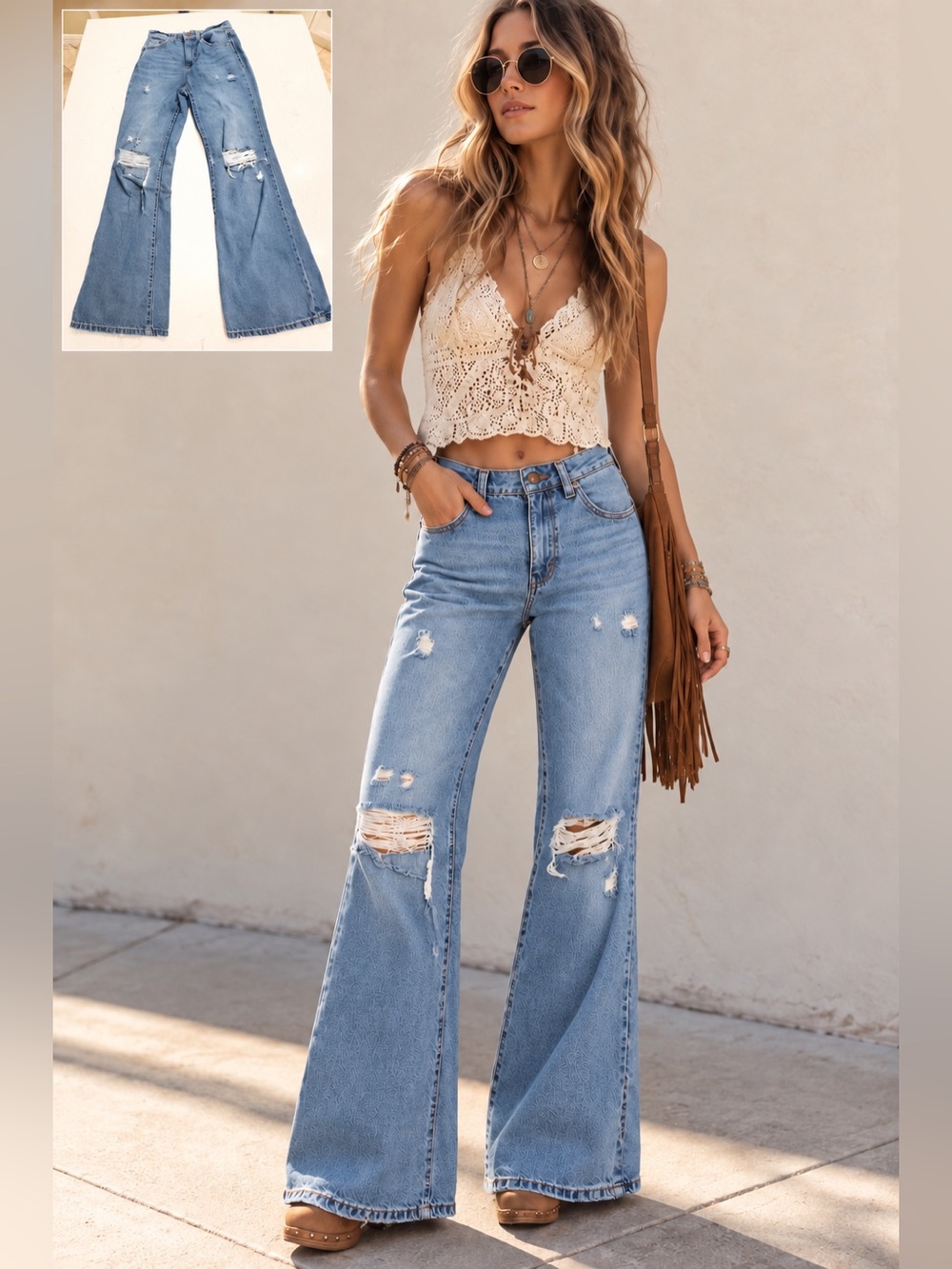 Altar’d State Distressed High Rise Flare Jeans Retro Wide Leg Western Boho